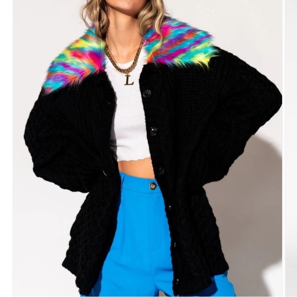 Dressed in LALA Black Cardigan with Rainbow Collar